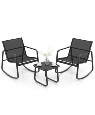 2 Rocking Bistro Chairs with Glass-Top Table Cozy Outdoor Patio Set for Porch, Yard, or Balcony