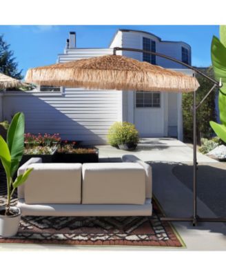 9ft Thatched Tiki Patio Umbrella, Cantilever Offset Umbrella with Hand-Push Tilt (No Base)