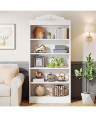 Set of 2 Tall Bookcase, Modern 5-Shelf White Library Bookshelf with Storage Shelves, Freestanding Book Shelf