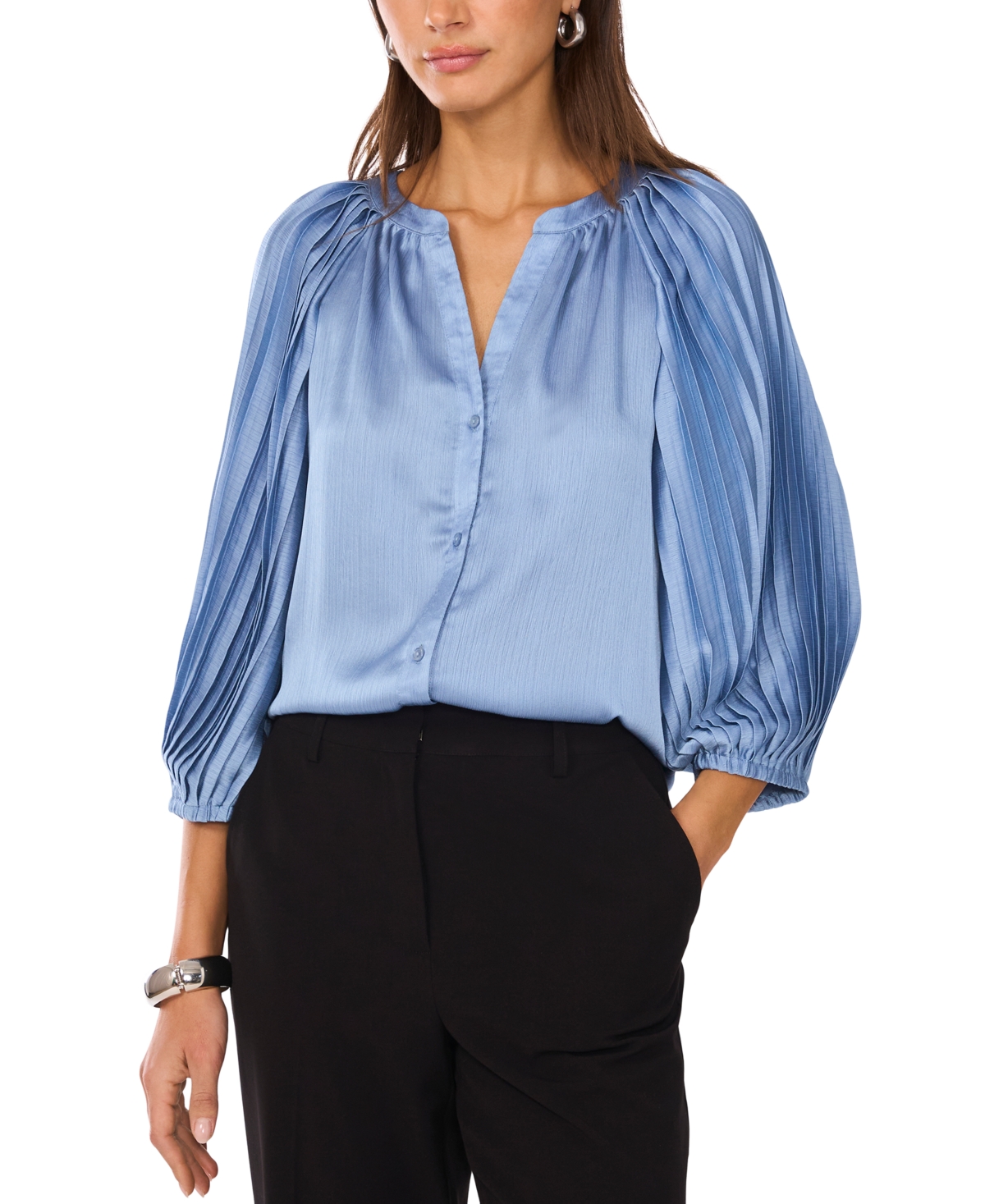 VINCE CAMUTO WOMEN'S SATIN PLEATED-SLEEVE SPLIT-NECK TOP 