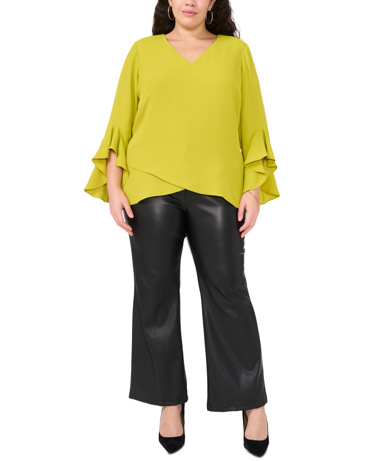 Vince Camuto Flutter Sleeve Crossover Georgette Tunic Top In Green Oasi