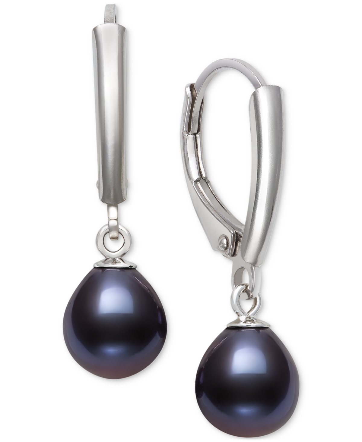 Shop Belle De Mer Dyed Cultured Freshwater Pearl (7-8mm) Leverback Drop Earrings In Sterling Silver In Black