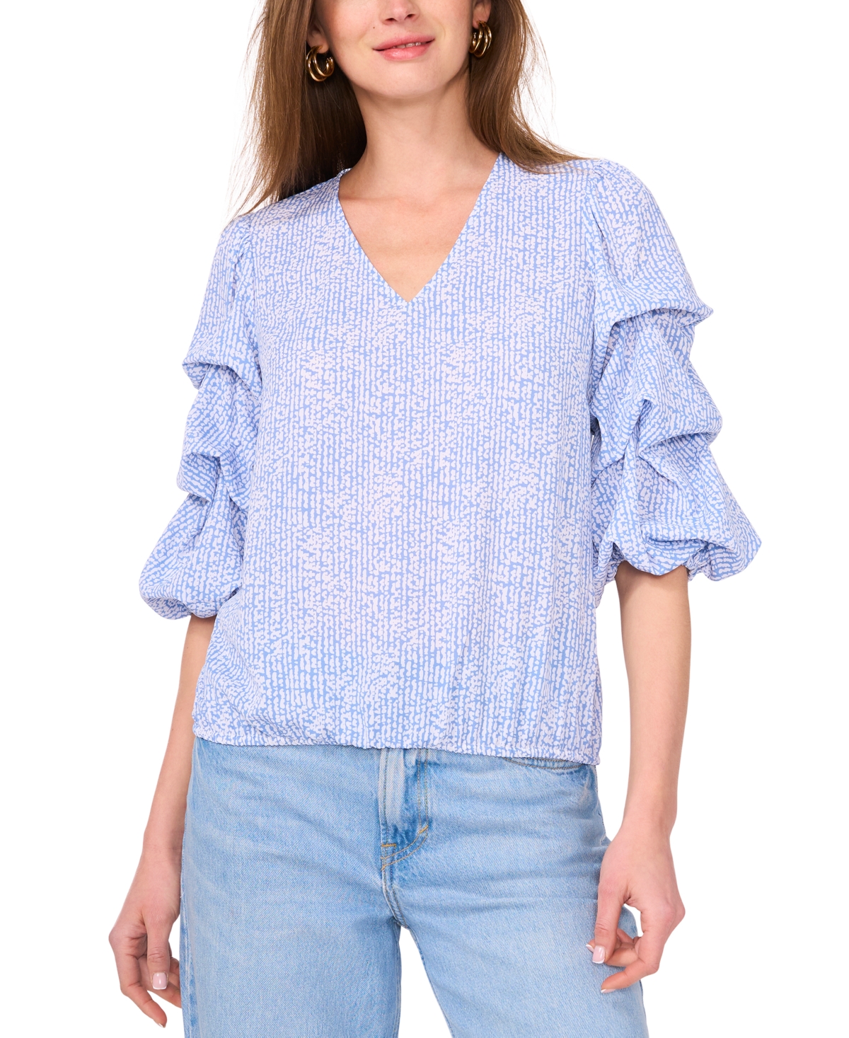 VINCE CAMUTO WOMEN'S PRINTED V-NECK BUBBLE-SLEEVE TOP 