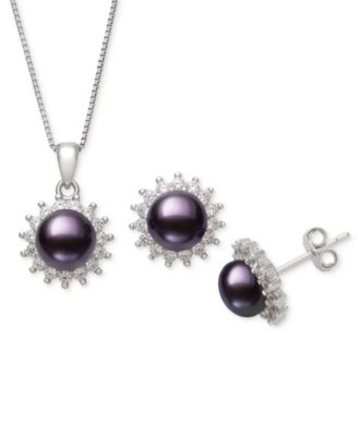 Dyed Black Peacock Cultured Freshwater Pearl (6-7mm) & Lab-Created Sapphire (1-3/4 ct. t.w.) Pendant Necklace & Stud Earrings Set in Sterling Silver (also in Blush Pink)