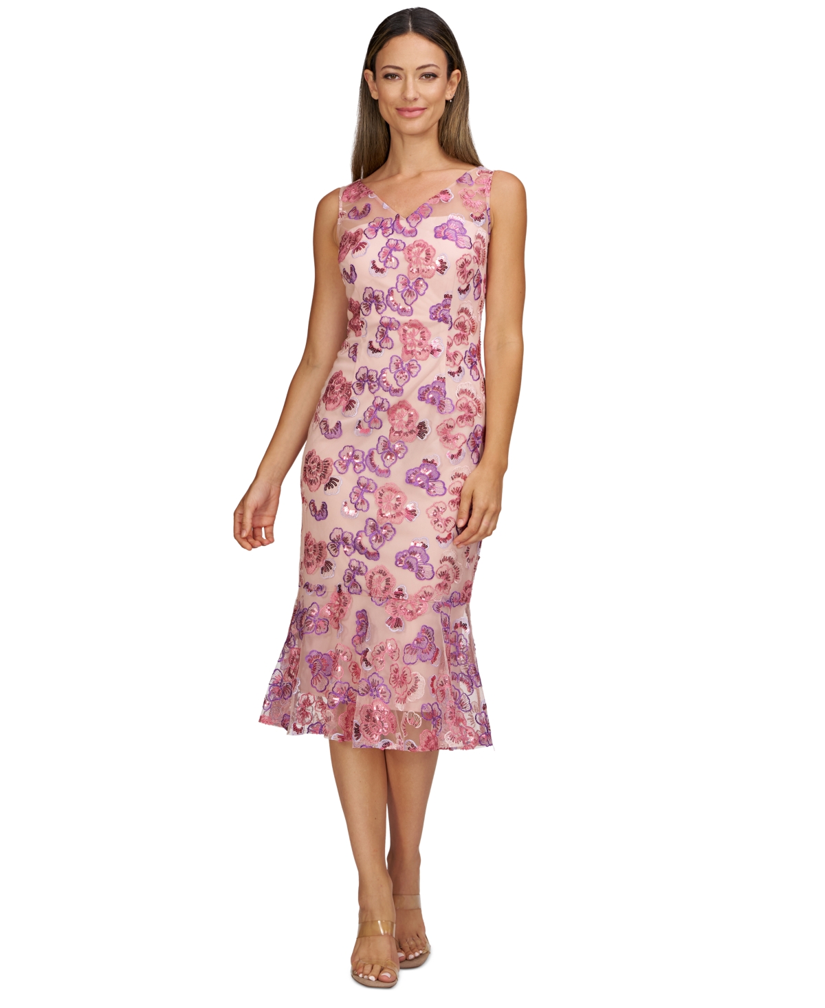 Women's Embellished-Floral V-Neck Sleeveless Dress - Pink Multi