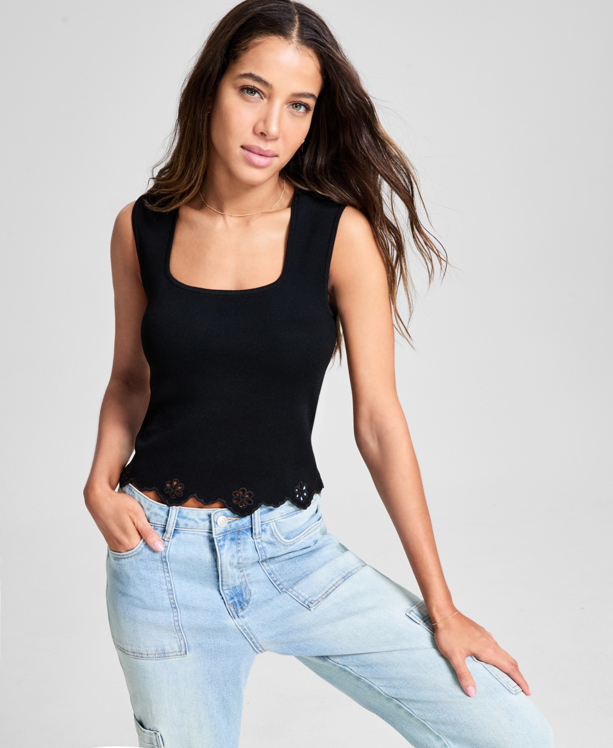 Women's Square-Neck Cutwork Trim Top, Exclusively at Macy's - Black