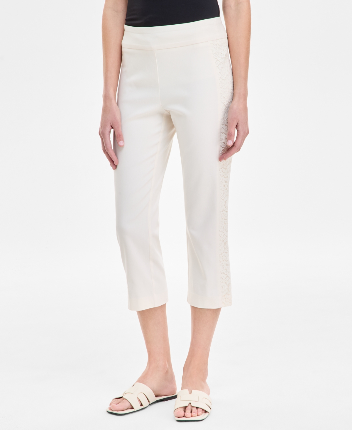 Shop Jm Collection Women's Side Lace-trim Capri Pants, Exclusively At Macy's In Eggnog