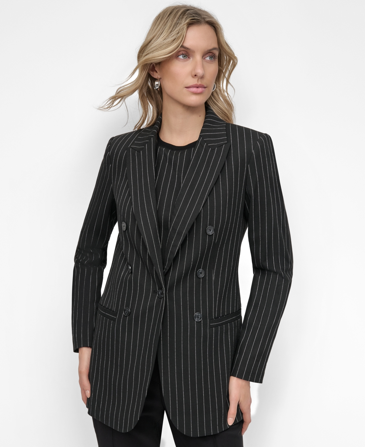 Shop Dkny Women's Pinstripe Double-breasted Peak-lapel Blazer In Black,ivory Stripe