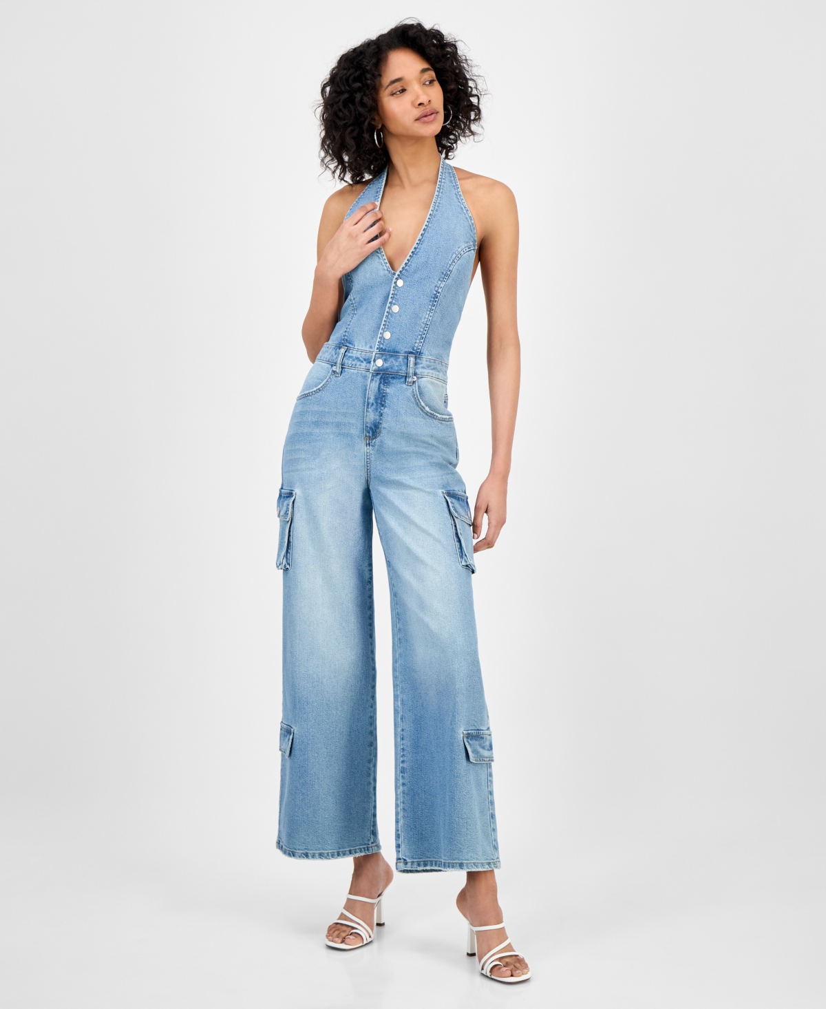 BARIII WOMEN'S DENIM HALTER CARGO-POCKET JUMPSUIT 