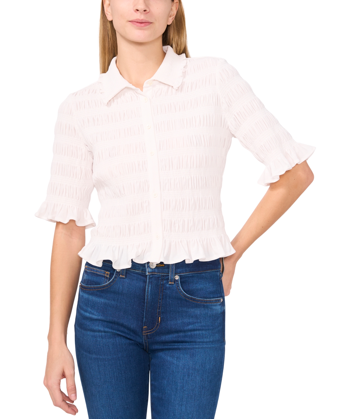 Women's Smocked Elbow-Sleeve Shirt - Medium Green