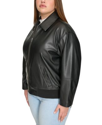 Plus Size Faux Leather Dad Bomber Jacket