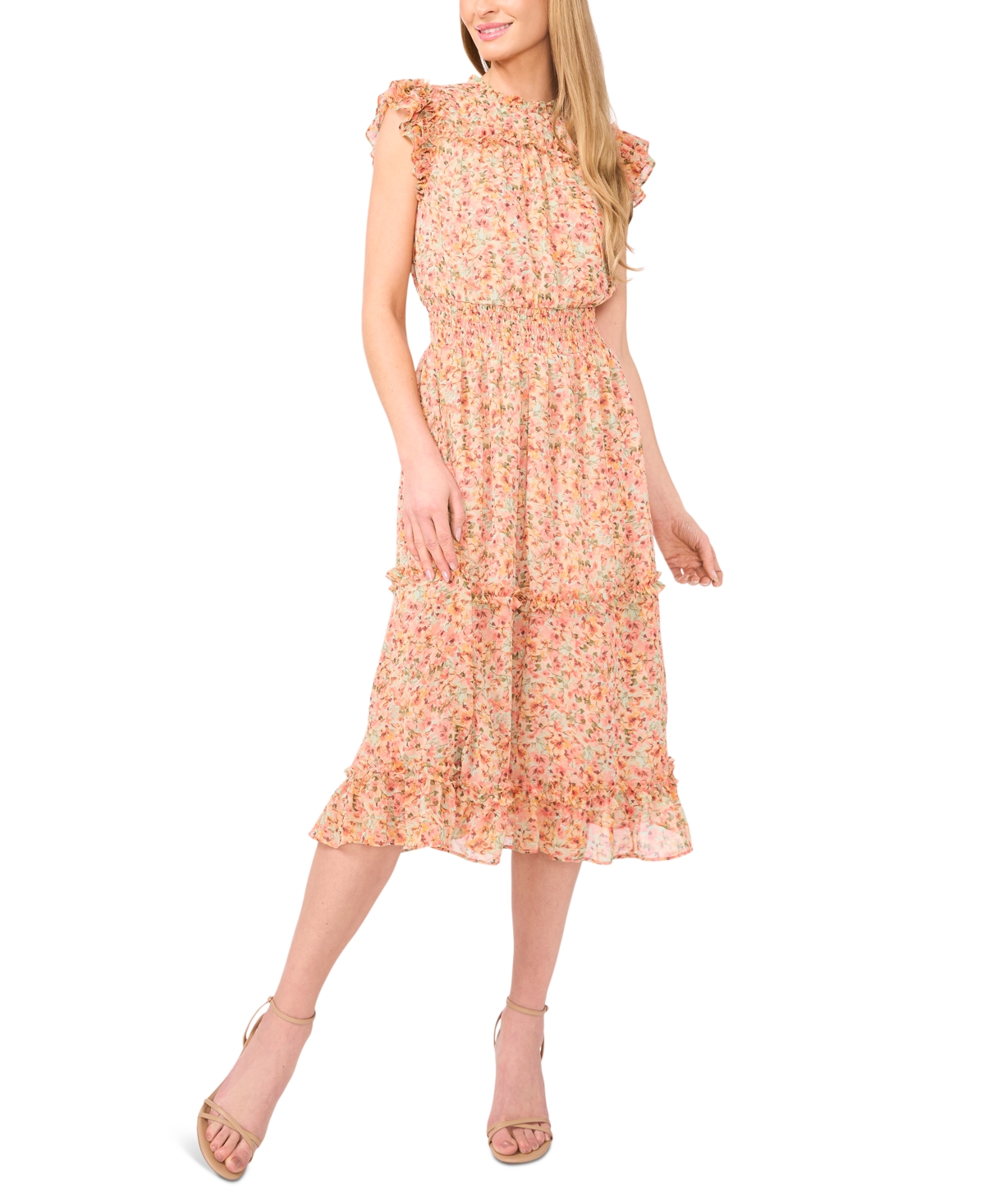 Cece Floral Ruffle Midi Dress In Mint Lime