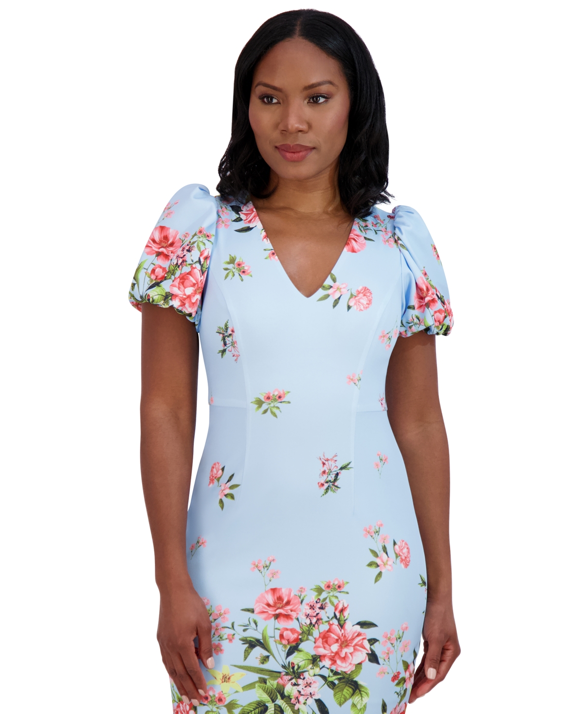 ELIZA J WOMEN'S PRINTED V-NECK BUBBLE-SLEEVE SHEATH DRESS 