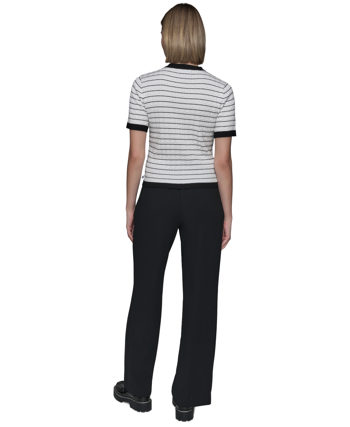 Shop Karl Lagerfeld Women's Striped Short-sleeve Cardigan In Soft White Black