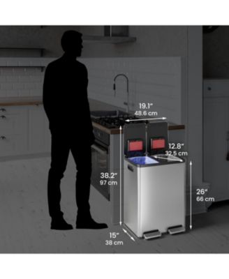 SoftStep 16 Gallon Stainless Steel Dual Compartment Combo Step Pedal Trash Can and Recycle Bin with Dual Odor Filters and Color-Coded Removable Inner Buckets for Home, Office, Kitchen, 60 Liter