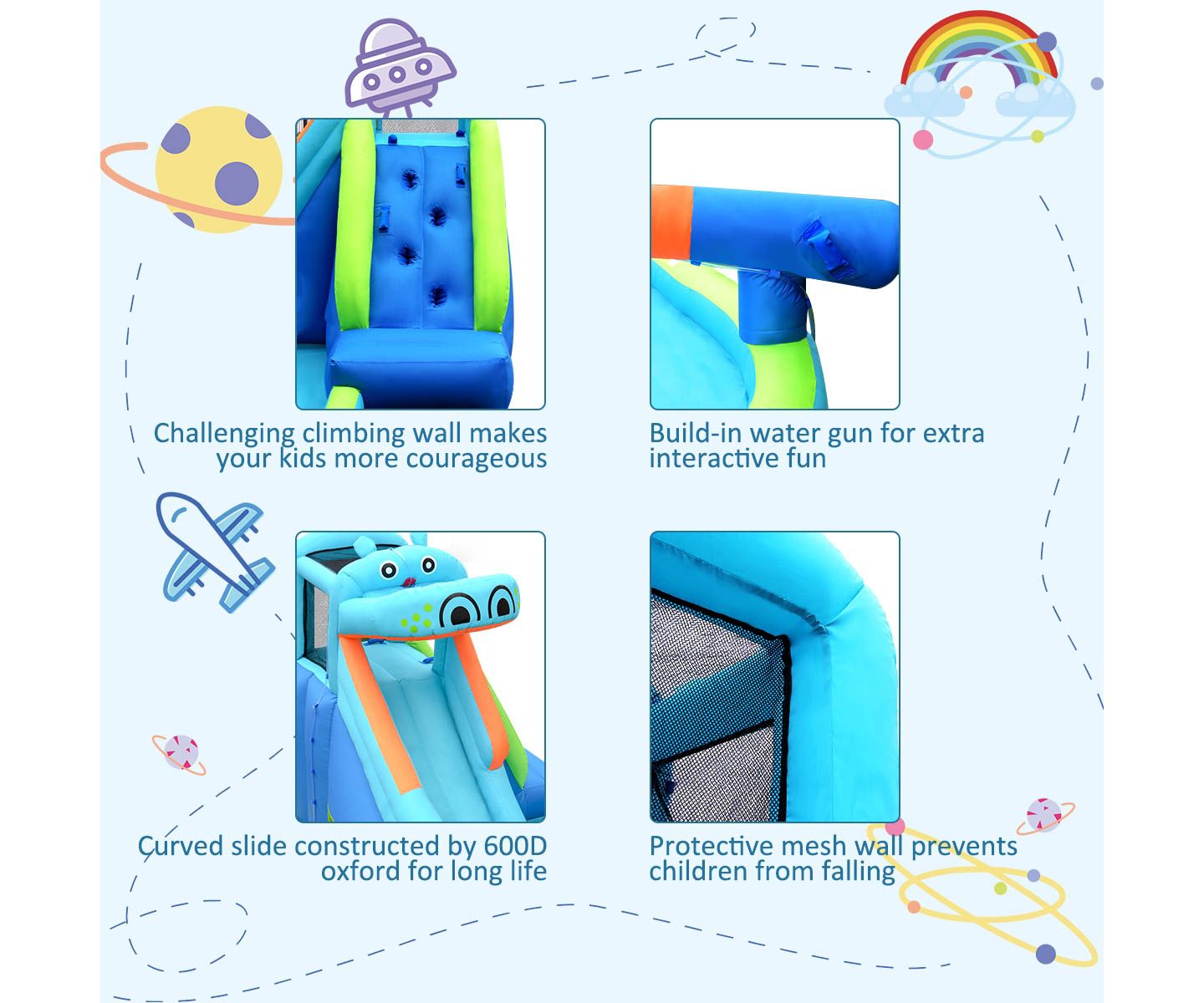 Детский игровой набор Slickblue Hippo Inflatable Water Slide Bounce House Playset, 2-3 Users, Ages 3+, цвет: Синий — фото 8