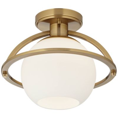Oblys 12" Modern Semi Flush-Mount Ceiling Light Fixture Kitchen Foyer Round Warm Brass Finish White Glass