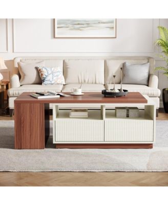 Coffee Table, Extendable Coffee Table with 2 Drawers and Storage Shelves, Rectangular Wooden Center Table with Reversible Tabletop for Living Room (White & Walnut