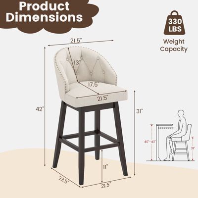 Mid Century Upholstered Bar Stools Set of 4 31'' Swivel Bar Height Bar Stools with Button-tufted Back