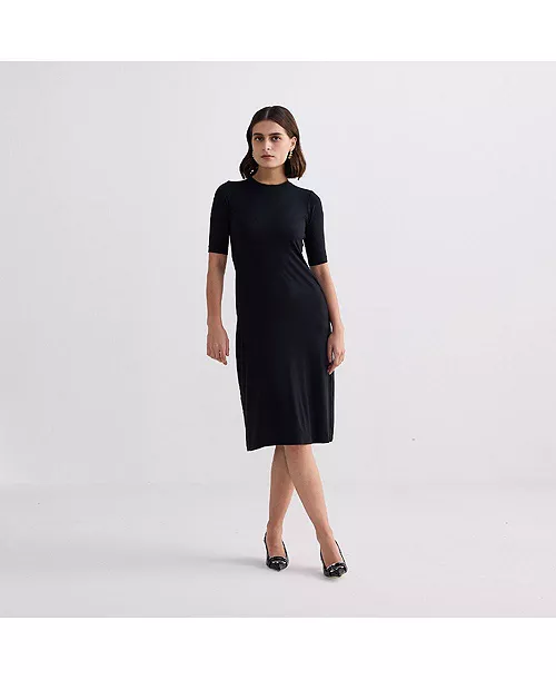 high neck elbow sleeves fitted dress