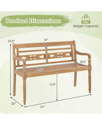2-Person Teak Wood Patio Bench with Wide Backrest and Curved Armrests
