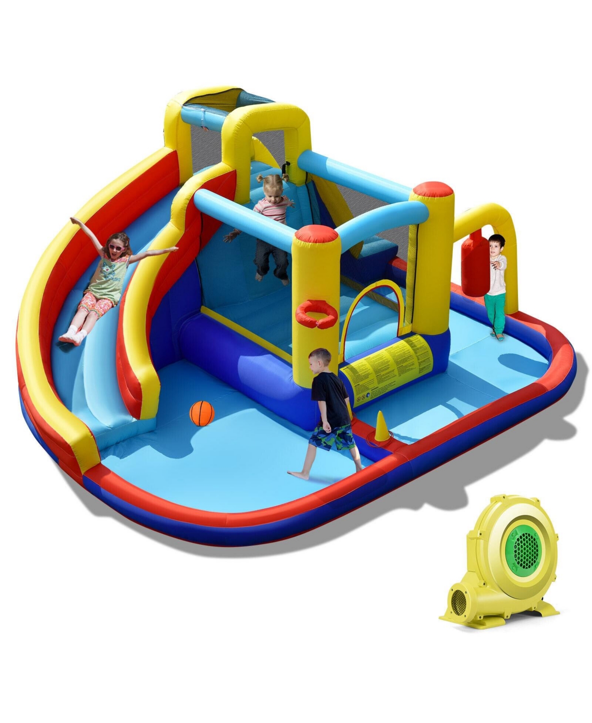 7-in-1 Inflatable Water Slide with 735W Air Blower and Splash Pool - Blue