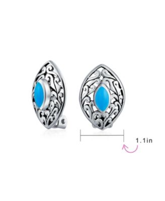 Western Filigree Marquise Blue Turquoise Clip-On Earrings Non-Pierced Sterling Silver