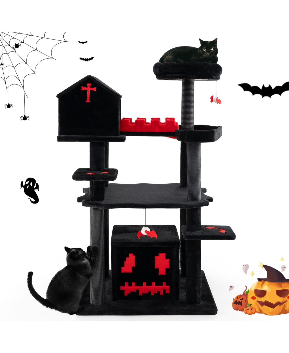 Gothic Cat Tree 49'' Tall Cat Tower w/ Coffin Bed & 2 Condos & Cozy Perch - Red+black