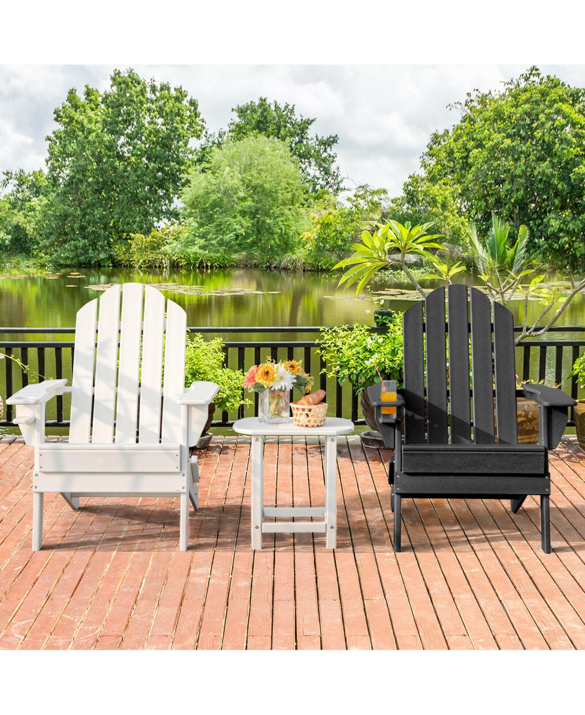 Gymax Patio Folding Adirondack Chair Weather Resistant Cup Holder Yard