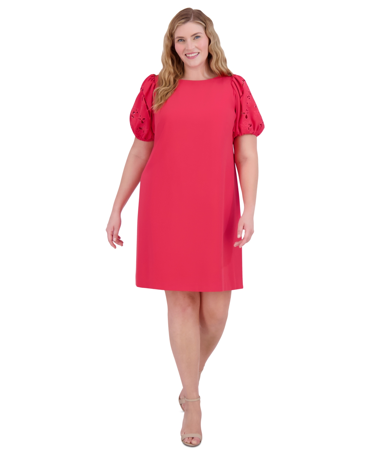 Vince Camuto Plus Size Puff-sleeve Stretch Crepe Shift Dress In Pink