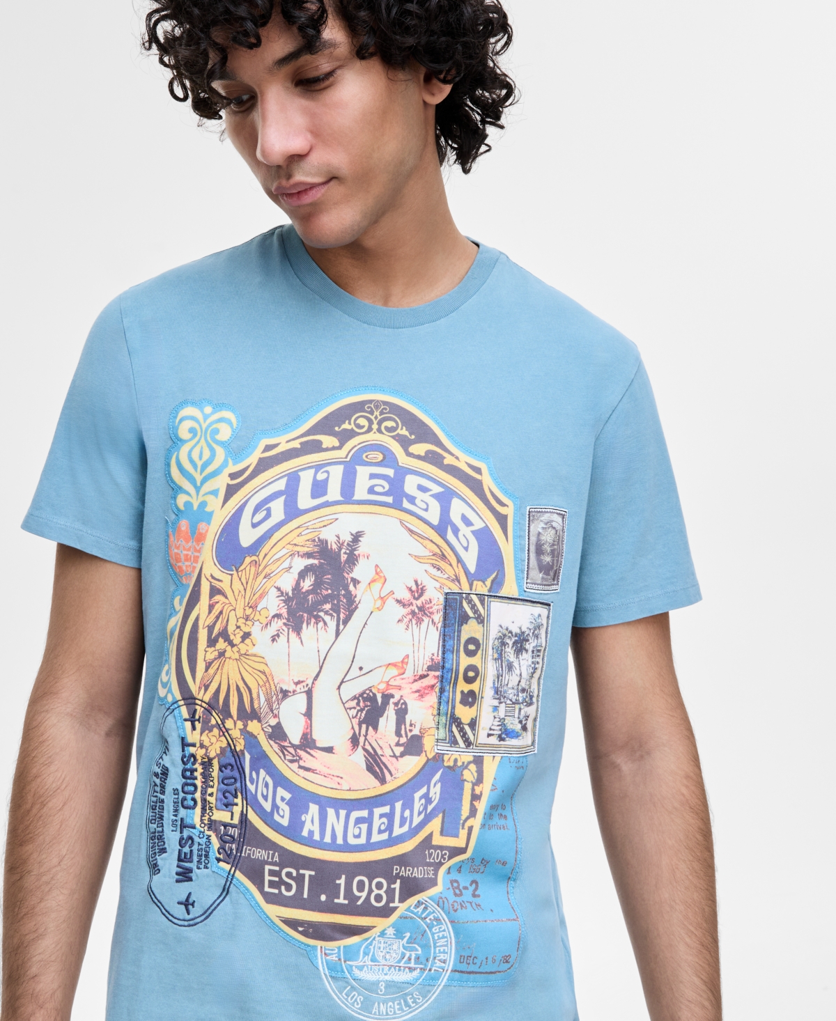 Guess Men's World Stamp Logo Graphic T-shirt In Blue