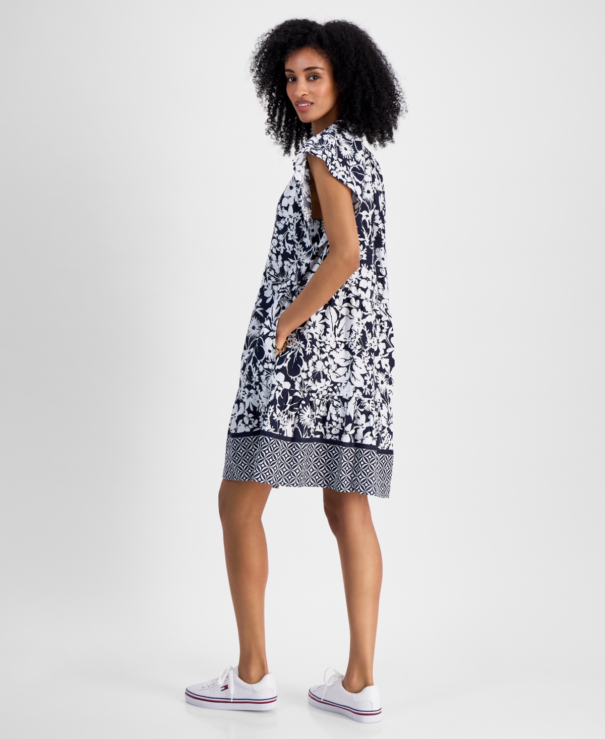 Tommy Hilfiger Women's Floral-print Linen-blend Shirt Dress In Sky Captain,bright White