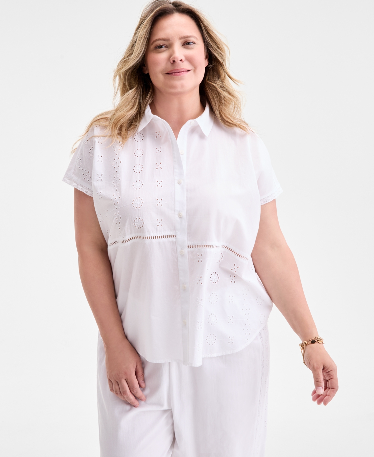 Plus Size Eyelet Camp Shirt, Exclusively at Macy's - Industrial Blue