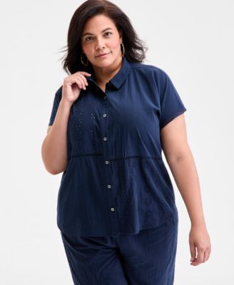 Style & Co - Plus Size Cotton Eyelet Camp Shirt