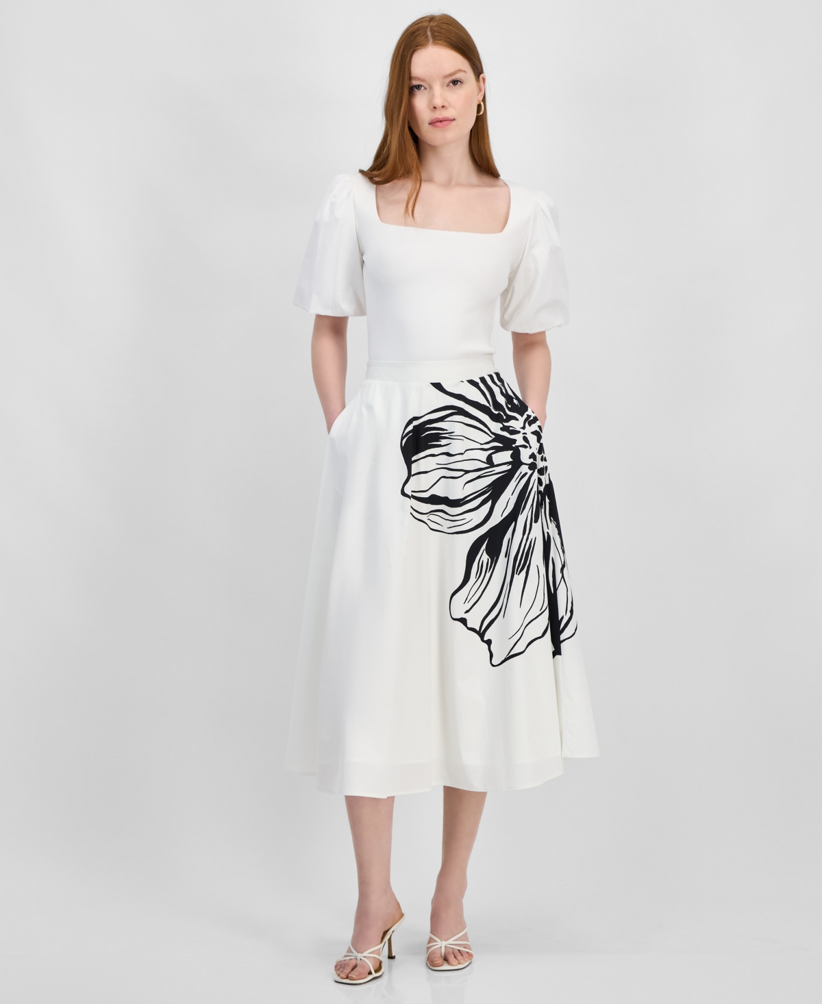 Women's Placement-Print Flared Midi Skirt - Exploted Graphic Flower