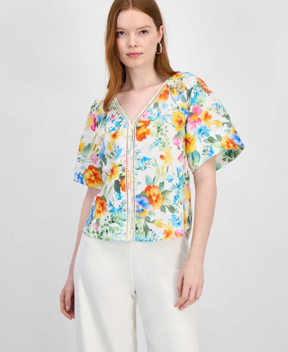 Women's Floral-Print Embroidered V-Neck Blouse - Sky Garden Print