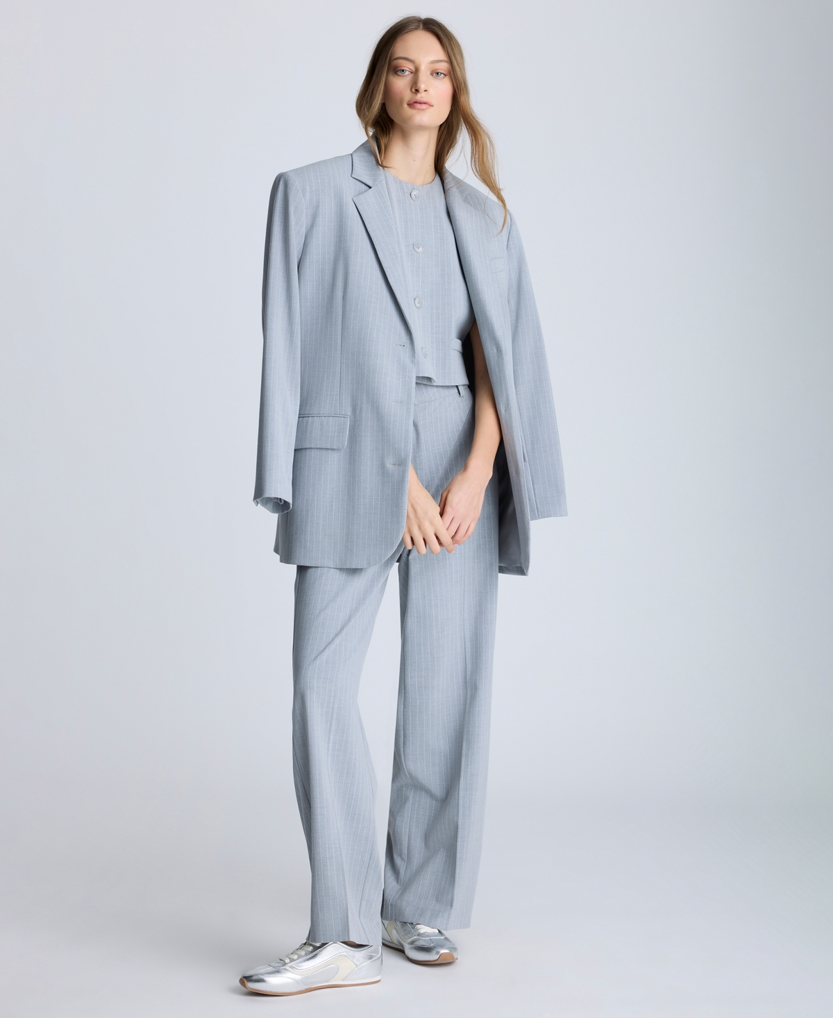 Kenneth Cole Pinstripe Button Notch Collar Jacket In Grey Dusk,pure White