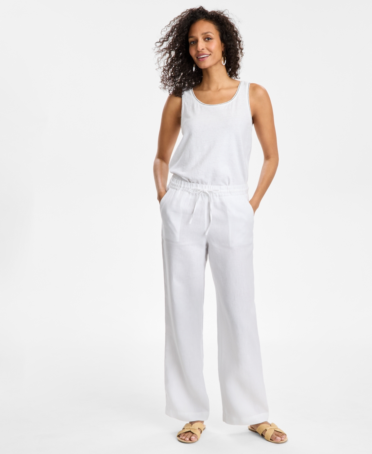 Women's 100% Linen Drawstring Pants, Created for Macy's - Bright White