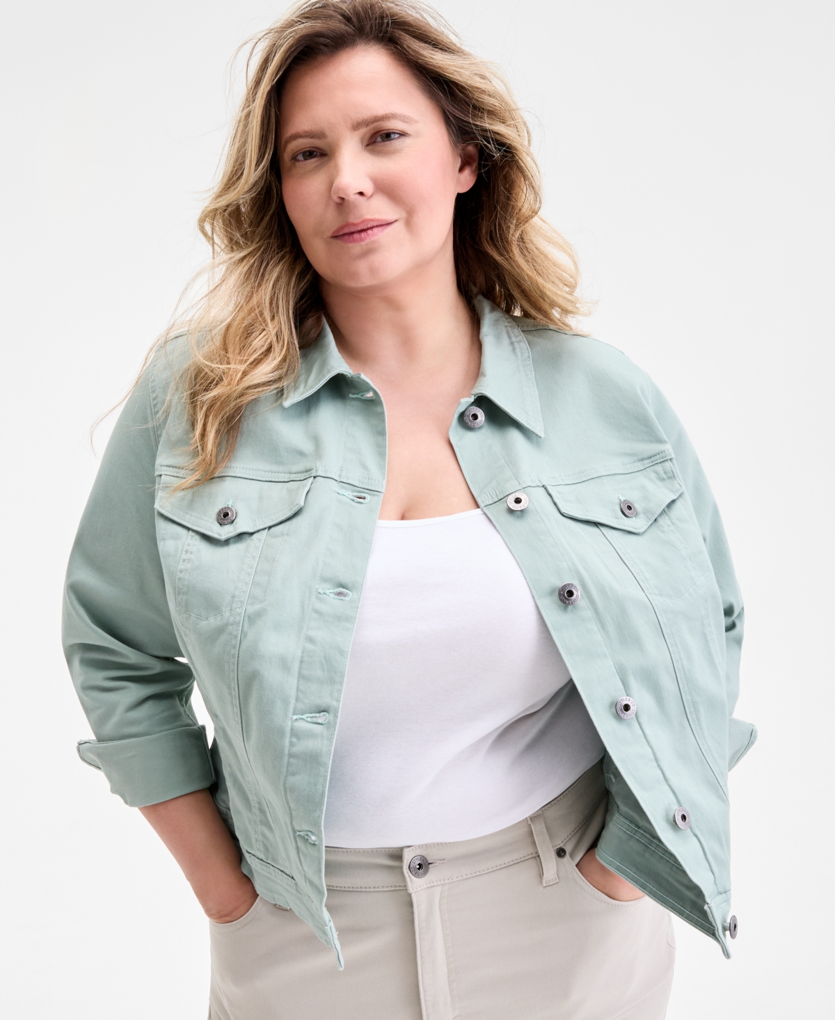 Plus Size Denim Jacket, Created for Macy's - Dusty Jade