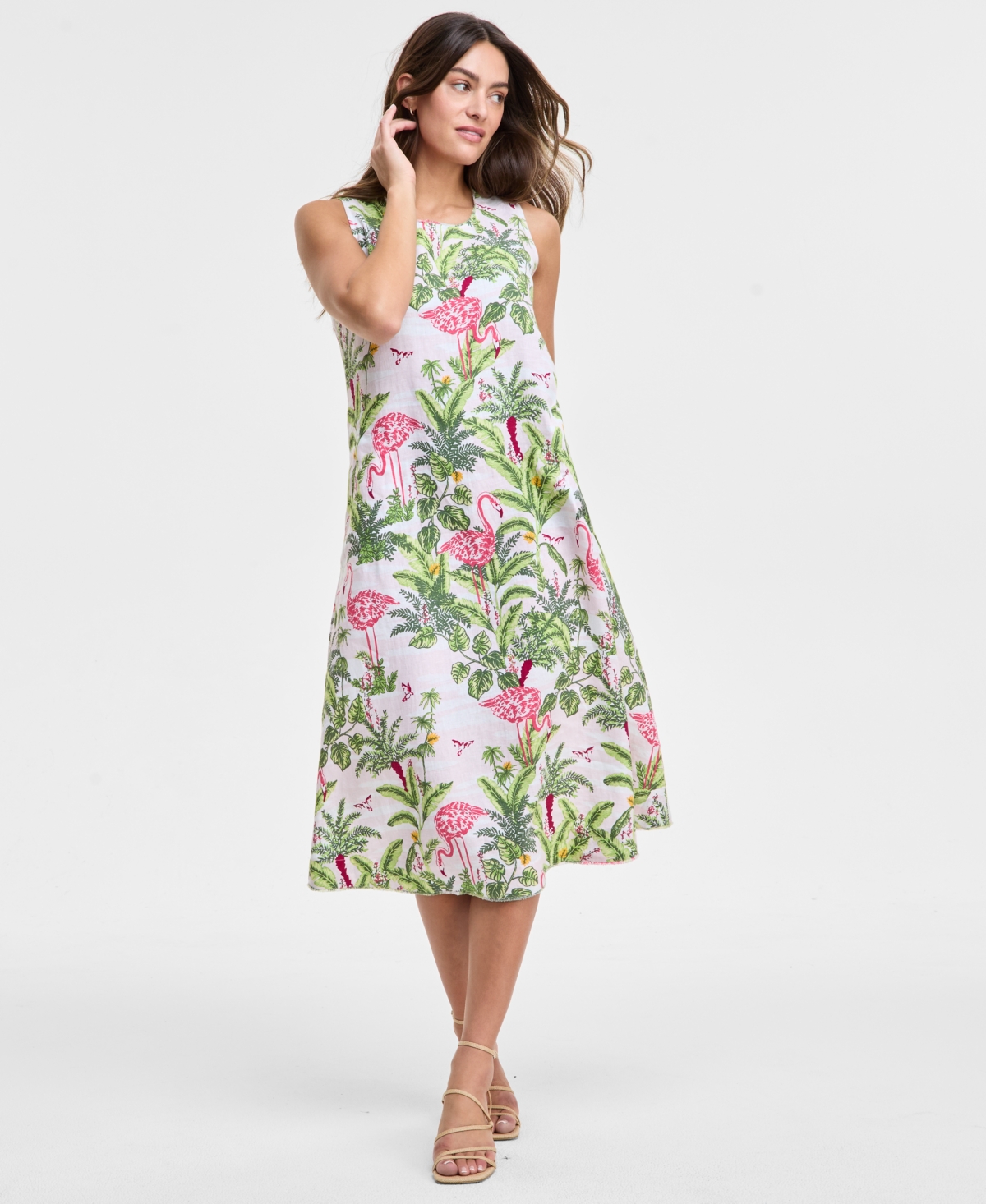 Women's Palm Beach 100% Linen Midi Dress, Exclusively at Macy's - Neutral Combo