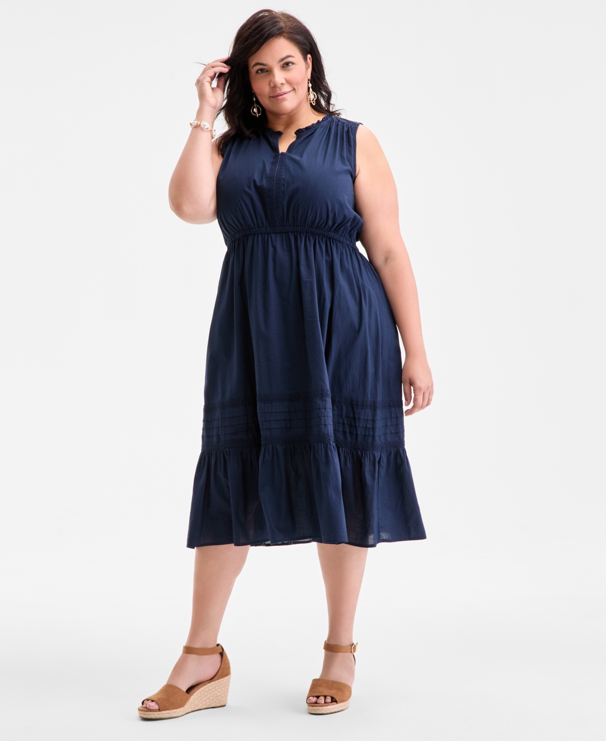 Plus Size V-Neck Sleeveless Lace-Inset Midi Dress - Industrial Blue
