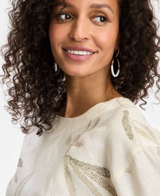 Charter Club Women's Palm-Print 100% Linen Top, Exclusively