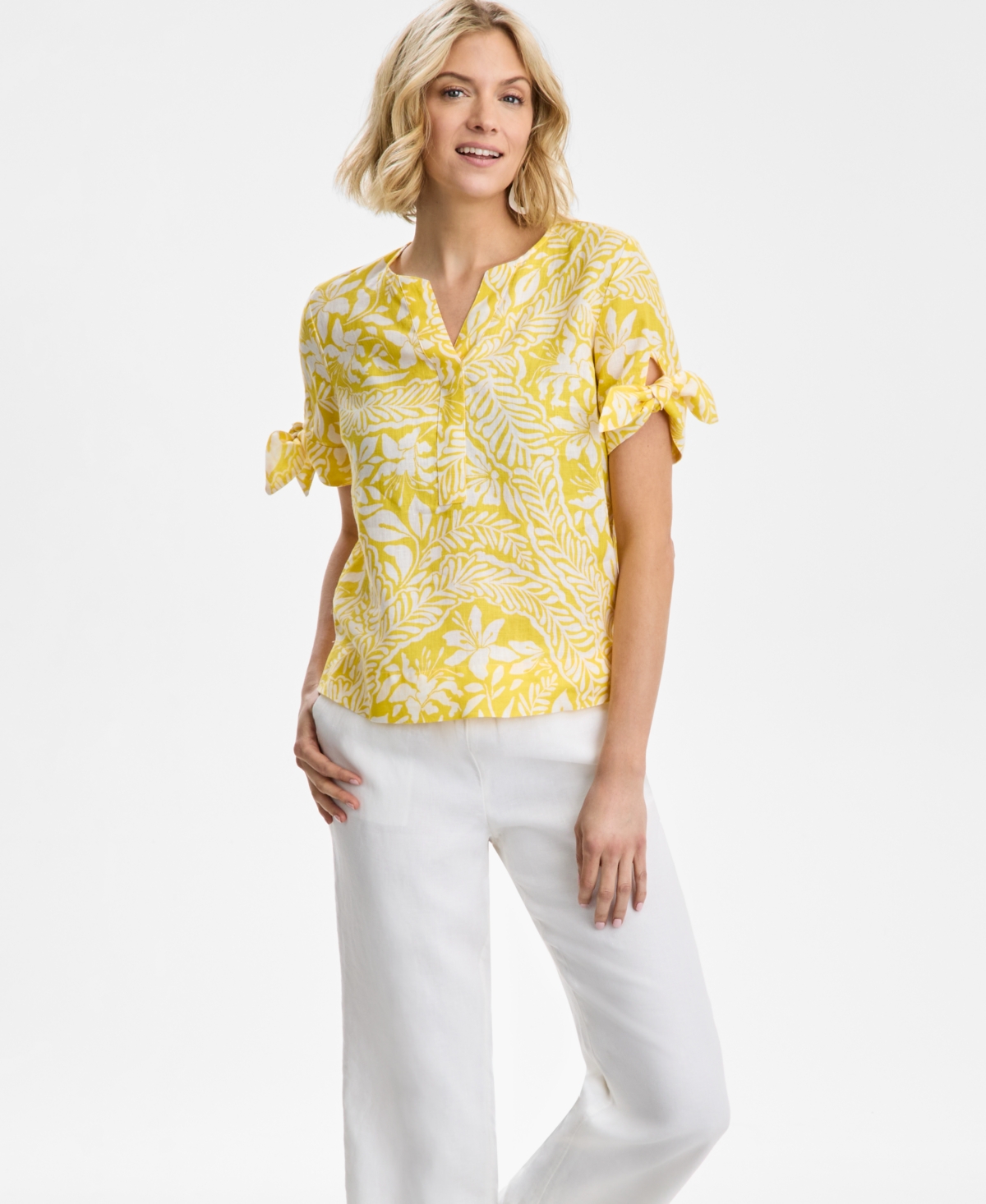 CHARTER CLUB WOMEN'S BHAVANA TIE-SLEEVE WOVEN 100% LINEN TOP, EXCLUSIVELY AT MACY'S 
