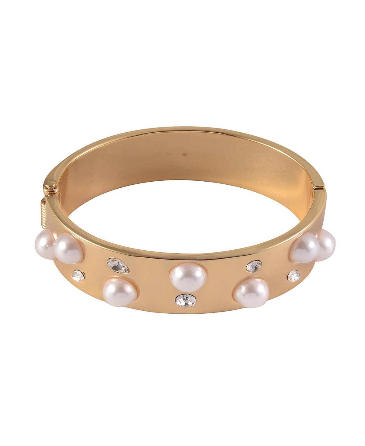 Gold Tone Hinge Bracelet with Crystal Stone and Pearl Accents - Gold
