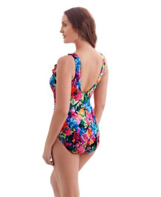 Women's Blooming Bouquet Ruffle Front Surplice Long Torso One-Piece Swimsuit