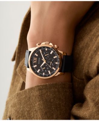 Men's Multifunction Black Genuine Leather Watch, 44mm