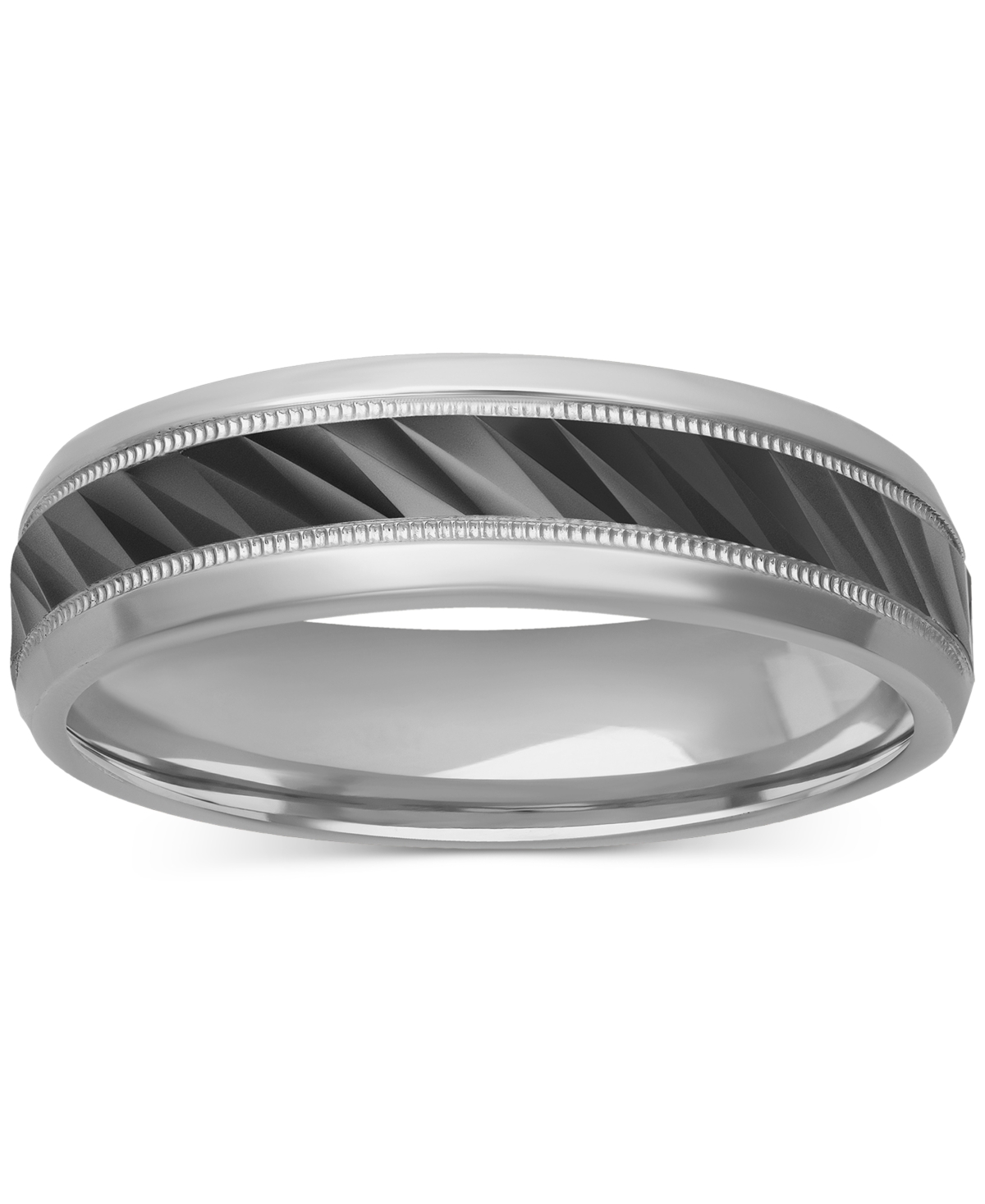 Macy's Men's Milgrain Bead Step-edge Wedding Band In Sterling Silver & Black Rhodium In Silver  Black