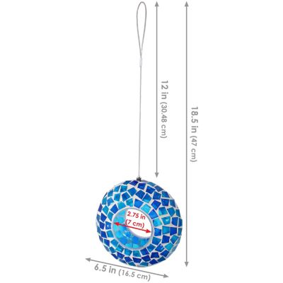 Outdoor Garden Patio Round Glass with Mosaic Design Hanging Fly-Through Bird Feeder - 6"