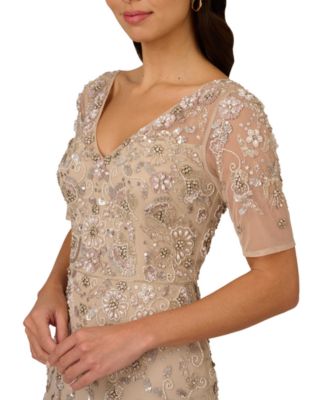 Women's V-Neck Beaded Short-Sleeve Mesh Gown