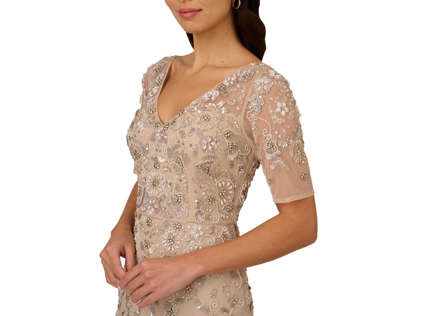 Женские платья Adrianna Papell V-Neck Beaded Short-Sleeve Mesh Gown, цвет: Biscotti — фото 4